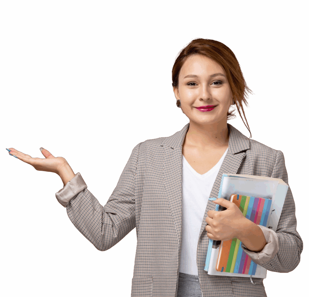 Friendly driving school instructor holding training materials and welcoming new students