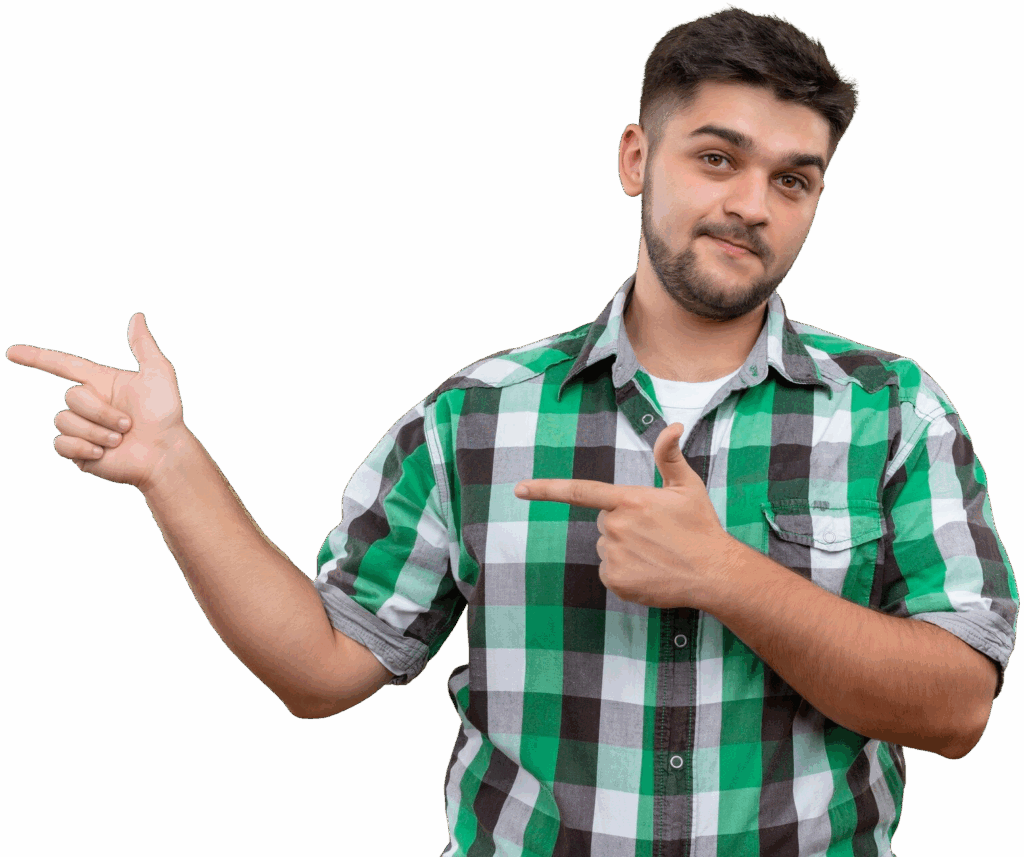 A young male student in a green checkered shirt pointing to the side, looking for a driving written test near me.