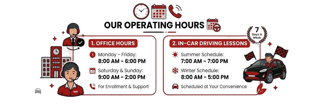 G-Class Drivers operating hours: Office Monday-Friday 8am-6pm, Saturday-Sunday 9am-2pm. In-Car driving lessons 7 days a week, summer 7am-7pm, winter 8am-5pm