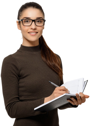 A professional female driving school instructor wearing glasses and holding a notebook, preparing a checklist for a student's driving online course or road test appointment.