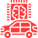 A red line icon showing a passenger vehicle beneath a smart brain or microchip symbol, representing the educational and theoretical knowledge taught at a smart driving school.