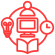 A red line icon showing an open book, a computer screen with a student, a lightbulb, and a clock inside a circular flow, representing a driving online course with flexible hours.