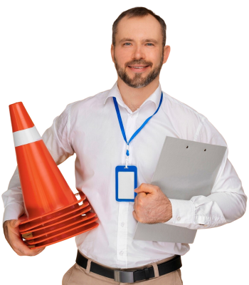 A smiling professional driving instructor holding a clipboard and a stack of orange traffic cones for in-car driving lessons.