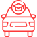 A red line icon showing the front view of a car with a graduation cap symbol enclosed in a circle on top, representing an official driving school certificate program.