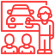 A red line icon showing an instructor pointing at a car diagram on a whiteboard in front of a class of students, representing driving lessons online and in-person theory classes.