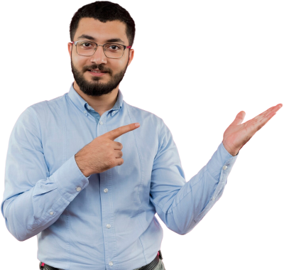 Friendly male driving instructor in hamilton pointing toward a blank space to highlight affordable driving lessons and road test booking options.